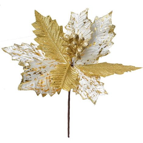 Poinsettia artificiel étoile de Noël décoration festive plastique blanc et doré Ø 25 x 27 cm - PANGIVO