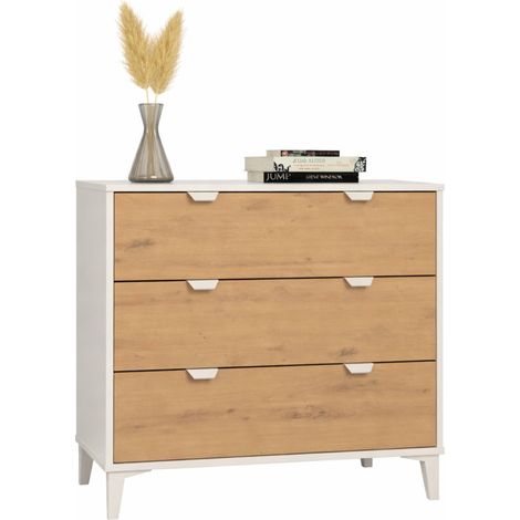 Commode, Meuble de rangement avec 3 tiroirs coloris Blanc/chêne Albar - Hauteur 80 x Longueur 77 x profondeur 48 cm (1/5)