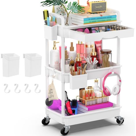 Chariot utilitaire à 3 niveaux avec tiroir, étagère en plastique et roues verrouillables, multifonction pour cuisine, salle de bain, bureau (1/5)