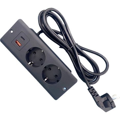 Multiprise encastrée double USB, deux prises rondes, noire et blanche (1/5)