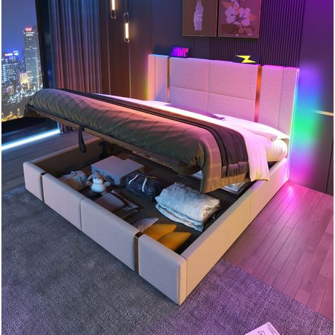 Letto matrimoniale 140x200 cm beige in lino con contenitore, LED RGB e ricarica USB-C (1/5)