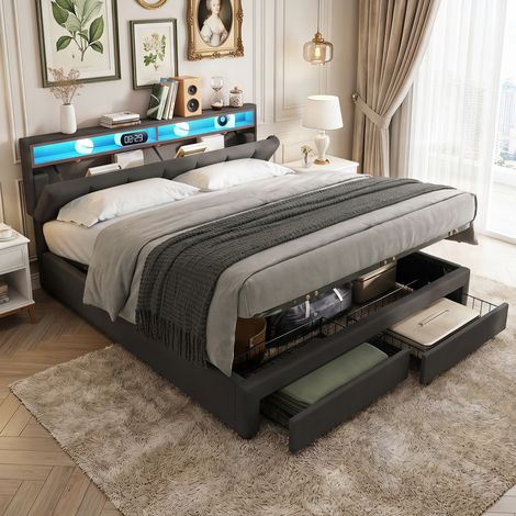 JOOKGBD – Polsterbett Doppelbett 160x200 cm mit LED-Beleuchtung, Hydraulisch Bett mit Stauraum Schubladen und Kopfteil, Stauraumbett Bettgestell mit Bettkasten und Lattenrost, Leinen, Grau (1/5)