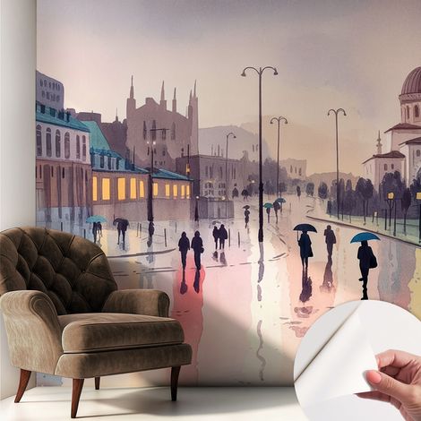 Papier peint adhésif décoratif avec colle pour salon chambre et bureau Installation rapide Promenade sous la pluie 250x250 cm (1/5)