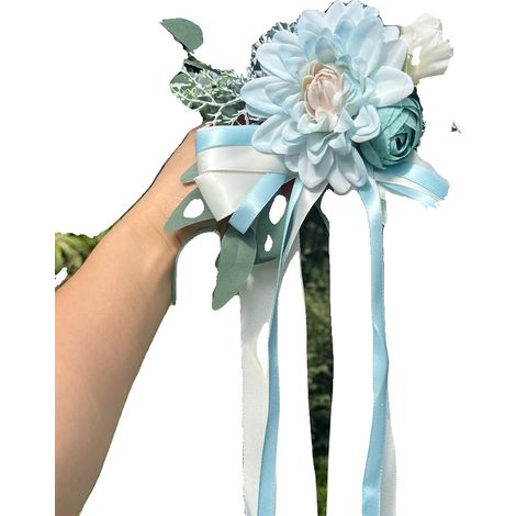 Decoración floral artificial, hojas de eucalipto, adorno de cinta de satén, azul. (1/2)