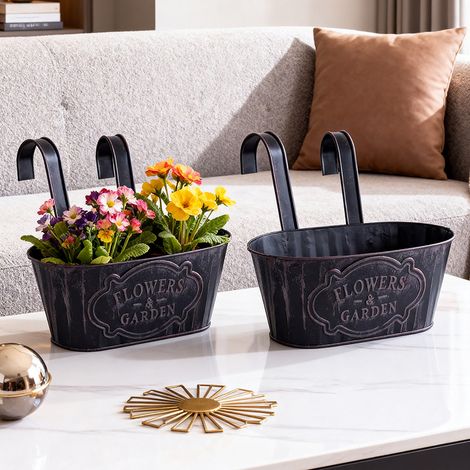 Sollbry Lot de 2 Jardinières Suspendues Pots de Fleurs Exterieur en Métal avec Crochets Métalliques Amovibles pour Plantes, Balcon, Jardin (1/5)