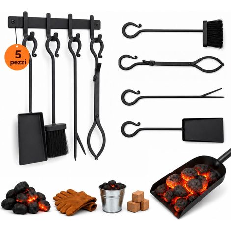 Relaxdays set camino 5 pz, attizzatoio, paletta, scopa, pinza, supporto a muro, nero, Tenaglie (1/5)
