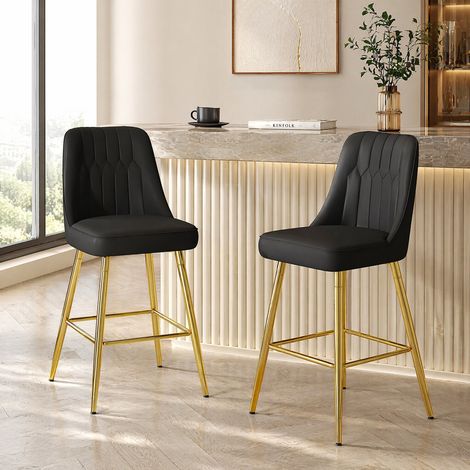 Lot de 2 tabourets de bar avec dossier, hauteur 100 cm, PU noir, structure en métal doré, OKWISH (1/5)