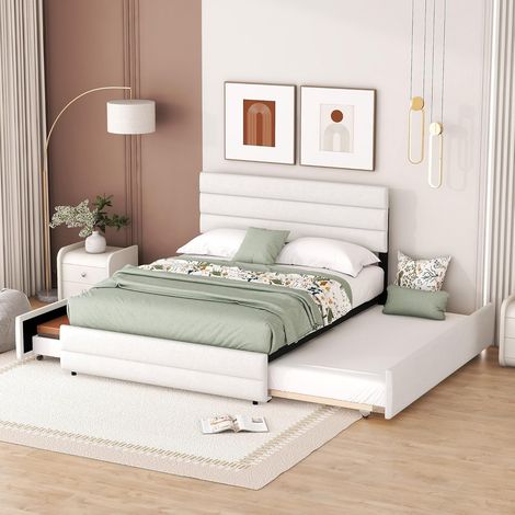 Ausziehbett 140 x 200 cm – Doppelbett mit Schubladen und ausziehbarem Stauraum – Gästebett für Erwachsene – Graue Bettwäsche – Matratze nicht enthalten