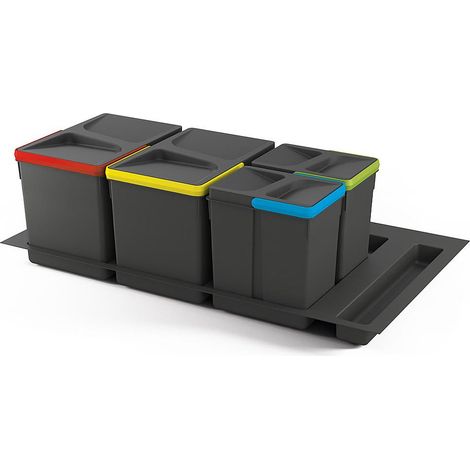 Emuca Kit de contenedores de reciclaje para cajón de cocina con base Recycle altura 266mm, 2x15litros, 2x7litros, módulo 900mm, Plástico gris antracita -