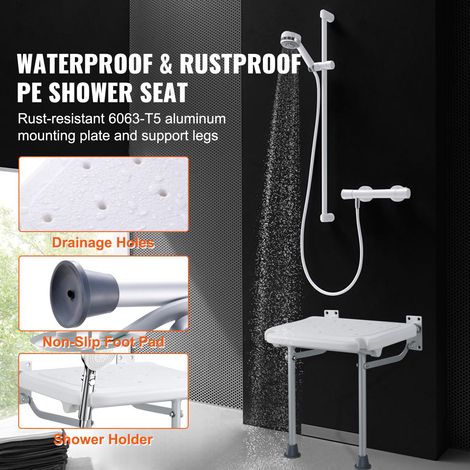 Banc de douche pliable mural en PE 40x37.5 cm, capacité 227 kg, rabattable et gain de place pour personnes âgées, femmes enceintes, enfants, adultes (1/5)