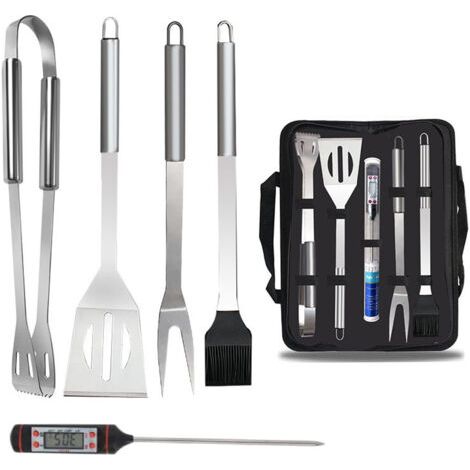 5-teiliges Set mit Thermometer, Grillbesteck-Set, Tragetasche aus Edelstahl, Grillzubehör, Camping (1/5)