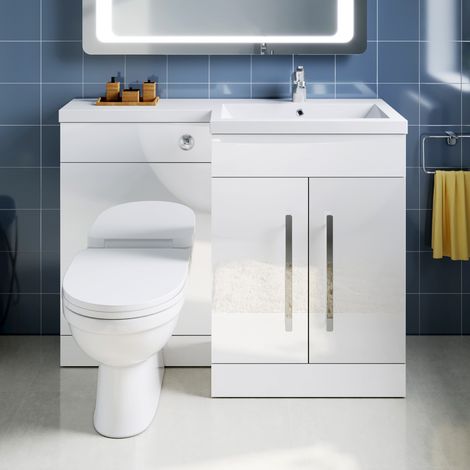 ELEGANT L Shape Bathroom Vanity Sink Unit 1100mm Furniture Storage High Gloss White Vanity Unit with Concealed Cistern + Basin with Ceramic D shaped Toilet Right Hand