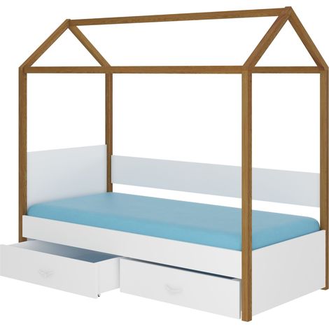 Lit enfant cabane bois pin aulne et bois gris clair 90x200 avec 2 tiroirs de rangement Forka (1/5)