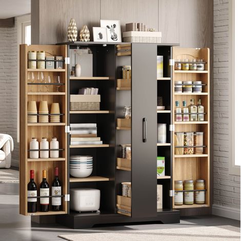 Armario auxiliar de cocina (120x78x35 cm), con estante vertical de 4 niveles, baldas regulables, MDF, negro (1/5)