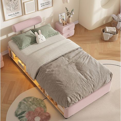 Cama infantil tapizada 90x200 cm rosa de terciopelo con estantería lateral LED (1/5)