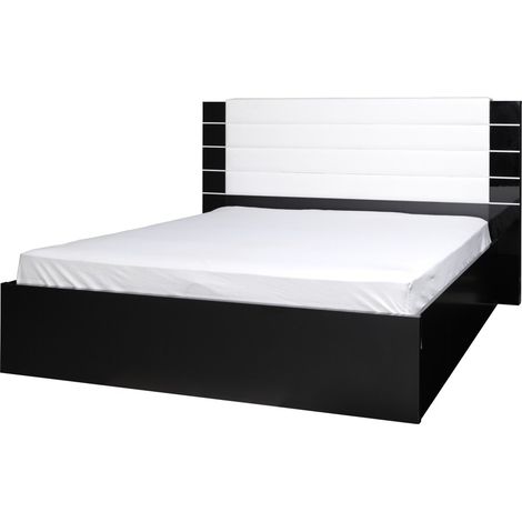 Lit LINA 160x200 noir et blanc brillant avec tête de lit en simili cuir noir – Sommier inclus