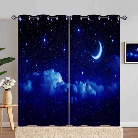 Rideau Occultant Nuit Nuage Lune Étoiles Tenture Opaque à Oeillets Draperies Intérieurs Rideau Thermique Isolant pour Maison Chambre Salon Fenetre 2 Pièces L 140 x H 280 cm - 140L X 280H cm (2 Panneau (1/5)