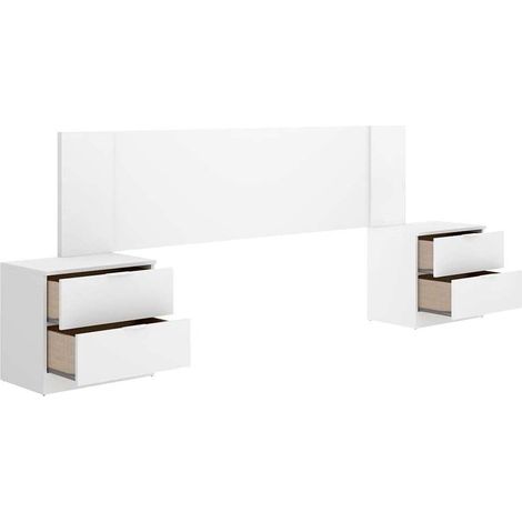 Conjunto de cabecero y dos mesitas Leonor acabado blanco, 251cm(ancho) 96cm(alto) 34.2cm(fondo).