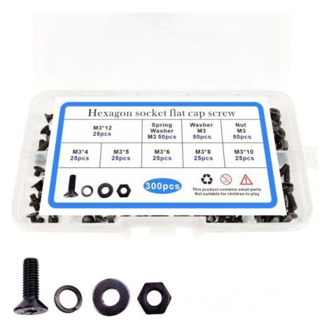 QORVA
-300pcs tête fraisée noire m3 boulon écrou, plat pad Spring box set, tête plate vis hexagonale intérieure,de