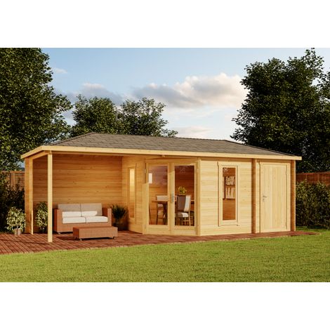 Alpholz – Abri de jardin bois pentagonal Liwa – 728 x 317 cm – Épaisseur 40 mm – Toit en croupe – Terrasse couverte – Vitrage isolant (1/4)