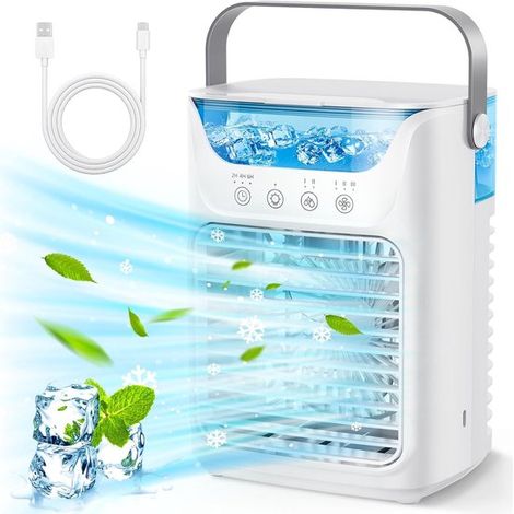 Condizionatore d'aria portatile，Raffrescatore d'aria con serbatoio dell'acqua da 700 ml，3 velocità，ufficio e campeggio，Bianco，16,5x12,2x21,1 cm