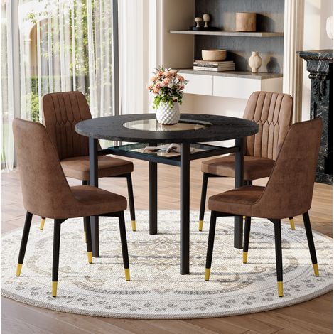 REDOM - Ensemble table à manger ronde 100 cm, plateau MDF effet bois noir, insert en verre, 4 chaises, tissu technique marron (1/5)