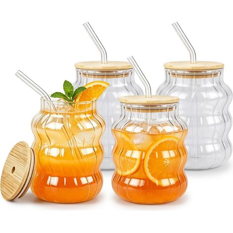 Lot de 4 Verres à Bulles avec Paille, 650ml Tasses en Verre Nervuré Café, Verre Matcha avec Couvercle en Bambou, Verres à Café Glacé pour Cocktails Sodas Latte Macchiato Café Glacé Smoothie Jus (1/5)