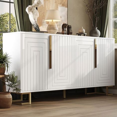 Buffet bas 150x40x80, design géométrique unique avec poignées et pieds dorés élégant Buffet salon (1/5)