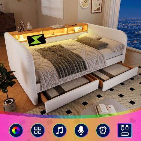 Lit rembourré - Canapé-lit - 140x190 cm - LED intégrée et port USB-C - 2 tiroirs (1/5)