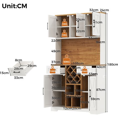 Meuble de rangement haut avec éclairage LED, armoire de cuisine avec casiers à bouteilles, buffet vitrine pour salon et salle à manger, dimensions 180x105x40 cm. (1/5)