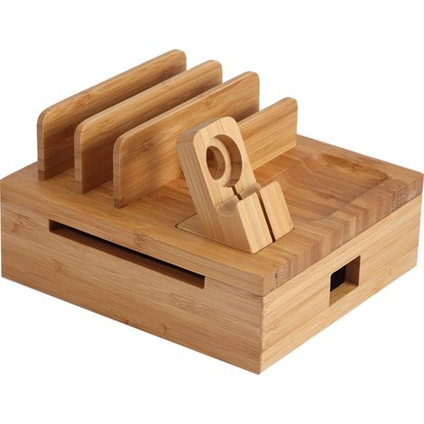 Support de rangement et de chargement pour téléphones portables en bambou à plusieurs niveaux, avec étagère intégrée. (1/5)