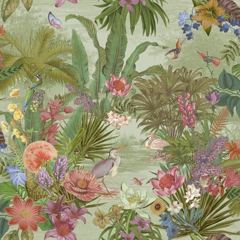 Grandeco Floral Hall Green Wallpaper Botanical Textured Paste The Wall Vinyl (1/4)