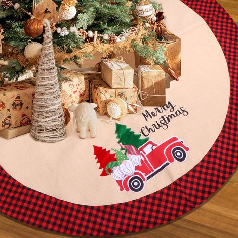 Ornement de sapin de Noël en toile de jute rouge à carreaux, 122 cm, avec fleurs de Noël brodées. (1/3)