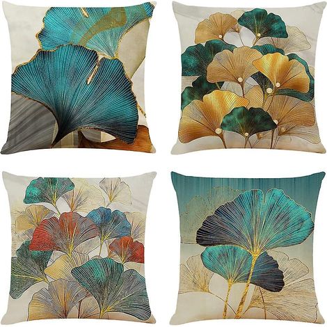 Housses de coussin décoratives turquoise et or ginkgo pour canapé, de luxe (1/4)