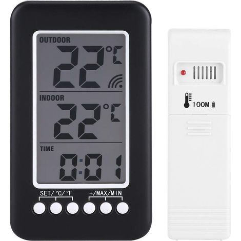 Sollbry Termómetro inalámbrico para interiores y exteriores, termómetro para el hogar, termómetro digital LCD para interiores y exteriores, reloj, medidor de temperatura, transmisor inalámbrico con (1/5)