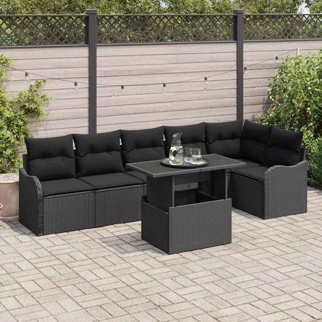 Ensemble de Jardin 7 Places Canapé d'Extérieur en Polyrotin Noir Modulable avec Table en Verre et Coussins Design Tressé et Durable (1/5)