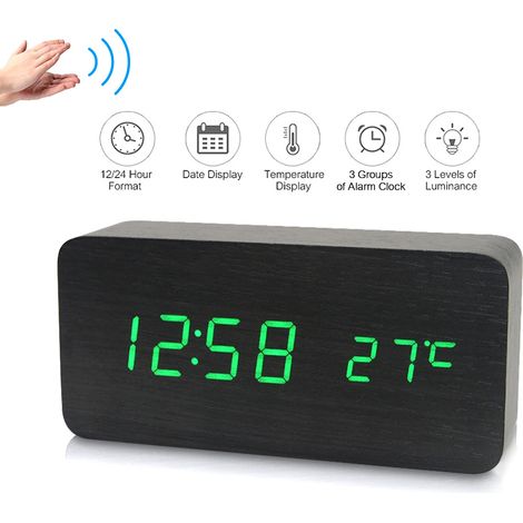 Réveil Digital Bois Noir LED Contrôle Vocal Affichage Température Date 3 Niveaux Luminosité Alimentation USB ou Piles (1/3)