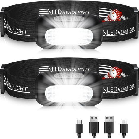 Headlamp, [Pack of 2] Ultra Powerful Rechargeable LED Headlamp with 3 Modes, White Light and IPX4 Waterproof, 60° Adjustable Running Head Torch Lamp for Adults/Children (1/4)
