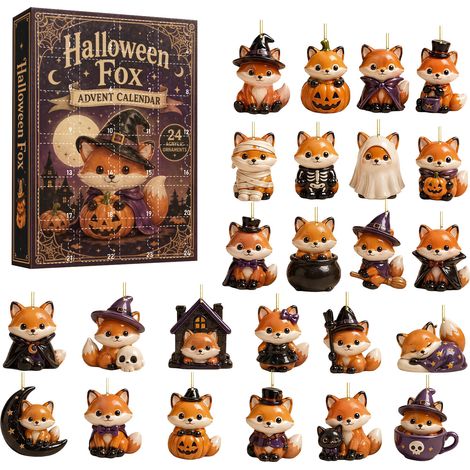 halloween vos adventskalender 2026 - 24 stuks - oranje paars - acryl materiaal - 8cm platte hangornamenten - halloween vos ontwerp - hangdecoratie - geschikt voor halloweenfeest en interieur decoratie (1/5)