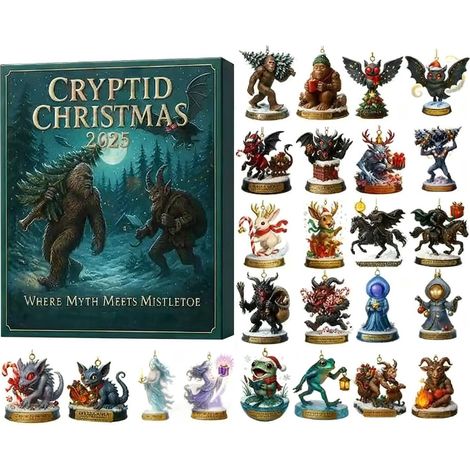 Calendrier de l'Avent Cryptid Christmas avec compte à rebours de Noël de 24 jours et décorations suspendues en acrylique représentant des créatures mythiques pour sapin de Noël et cadeau original aux