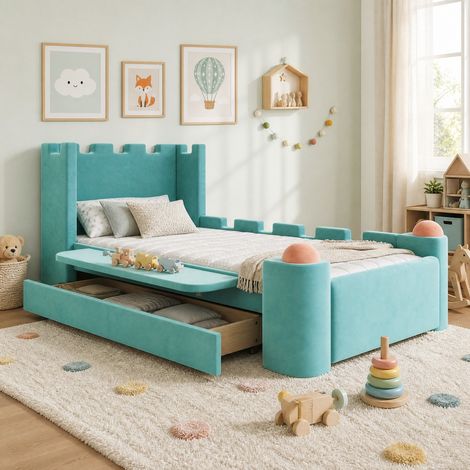 Cama infantil tapizada (213.5x122.5x90.5 cm), diseño de castillo, estante abatible, cajón de almacenaje, madera y tela, azul verdoso (1/5)