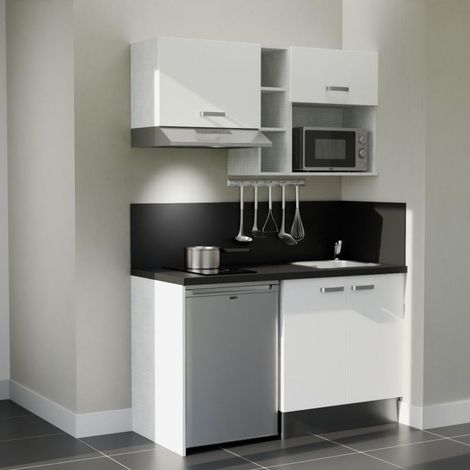 Kitchenette K13L-PT - 140 cm - plan stratifié, évier inox, - Façade Blanc - Plan Noir texturé - Evier Inox - Crédences Oui + Electroménager inclus coloris Inox