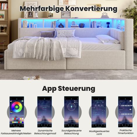 Canapé-lit convertible beige lin 90x200 cm, avec rangement hydraulique, compartiments multiples, bande LED multicolore, ports USB et Type-C, sans matelas (1/4)