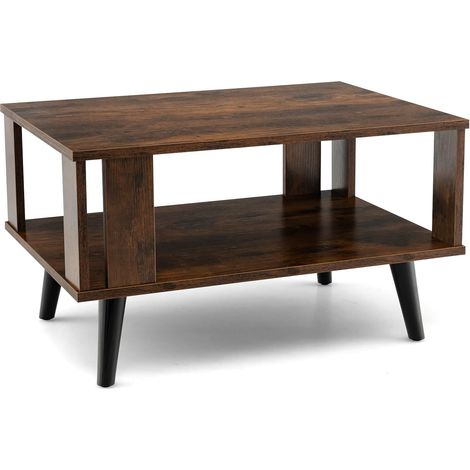 COSTWAY Mesa de Centro Cuadrada, Mesa Central de Madera de 2 Niveles, Mesa Auxiliar con Estante de Almacenamiento Abierto, Panel Lateral, Mesa de Café Industrial para Salón, Dormitorio, Marrón (1/5)