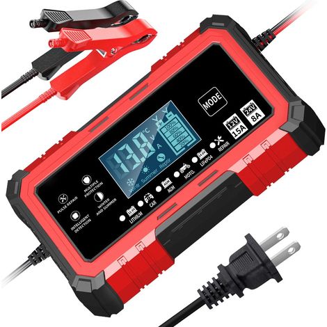 12 V 15 A / 24 V 8 A RougeChargeur à impulsions 12 V 15 A / 24 V 8 A, chargeur de batterie lithium-fer-phosphate 14,6 V 15 A pour motos et voitures, compatible avec les batteries au plomb-acide (1/4)