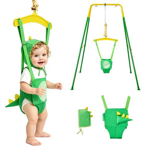 transat pour bébé avec support (6 à 24 mois), transat pour jeux d'intérieur et d'extérieur, avec chaîne réglable, facile à monter et à ranger (avec support) - Dinosaure vert (1/5)