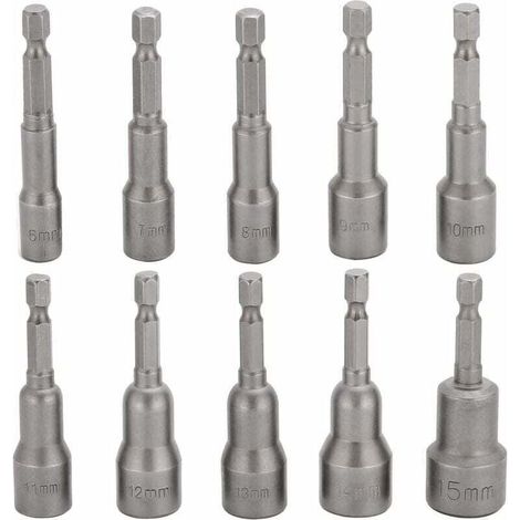 Paquet de 10 embouts de douille pour tournevis à percussion, jeu de douilles hexagonales magnétiques de 6 à 15 mm (1/4)