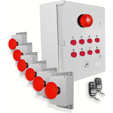 Système identification alerte sans-fil 300m - 6 boutons coup de poing Sirène Flash LEDs Télécommandes d'arrêt (DA600+) (1/5)