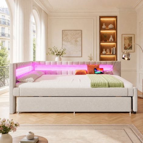 DESMIU Lit Banquette 140 × 200 cm 2 places avec lit gigogne, LED, USB, Type-C, sans matelas, beige (1/5)