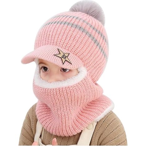 Cagoule enfant, ensemble 2 en 1, bonnet et écharpe d'hiver chauds et coupe-vent, convient aux tout-petits et aux garçons, capuche douce avec pompons, rose. (1/5)